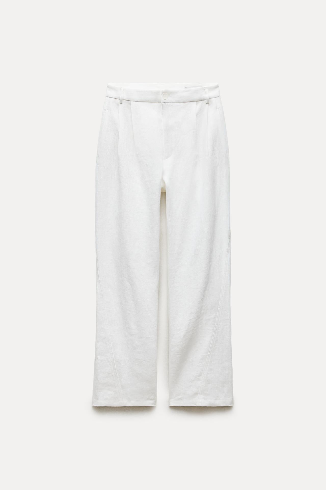 CALÇA COM PREGAS DE LINHO 100%