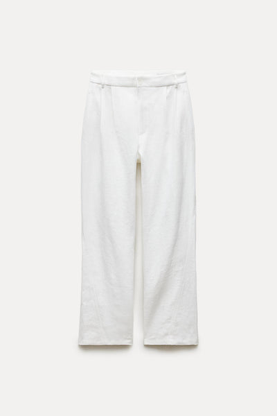 CALÇA COM PREGAS DE LINHO 100%