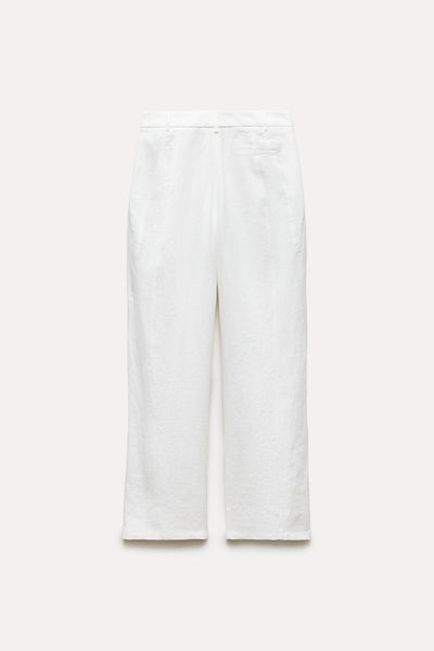 CALÇA COM PREGAS DE LINHO 100%