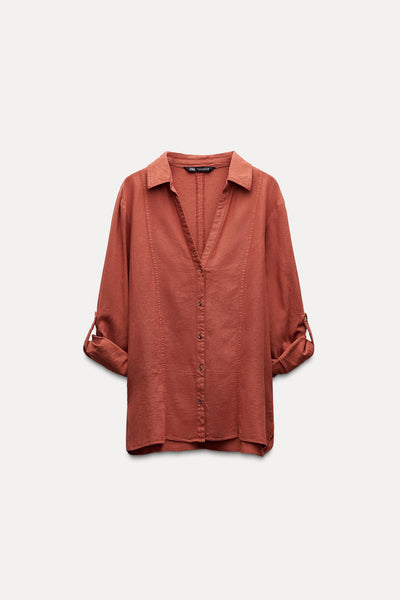 CAMISA COM LINHO E MANGA DOBRADA TELHA