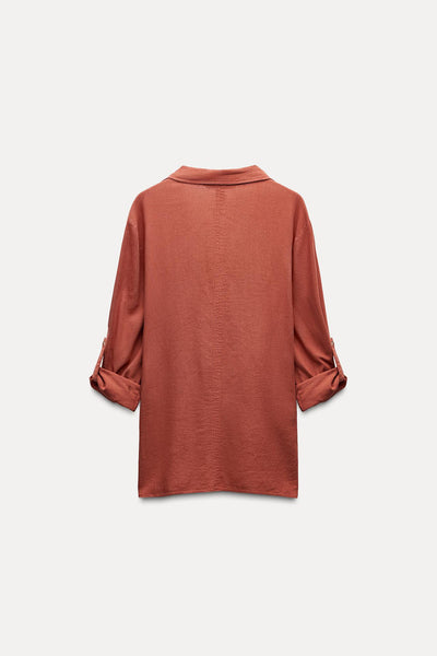 CAMISA COM LINHO E MANGA DOBRADA TELHA