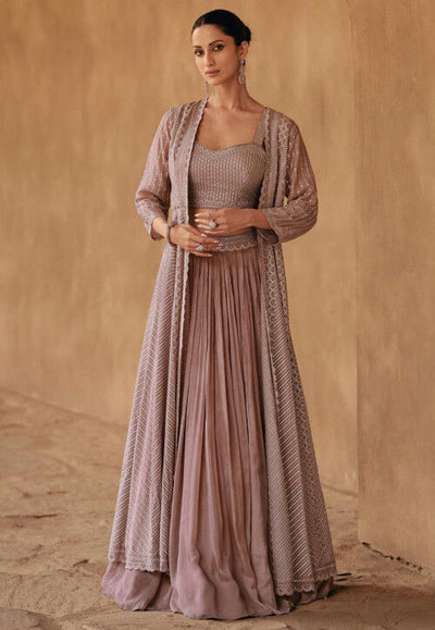 Conjunto Bordado Chiffon em Rosa Enevoado