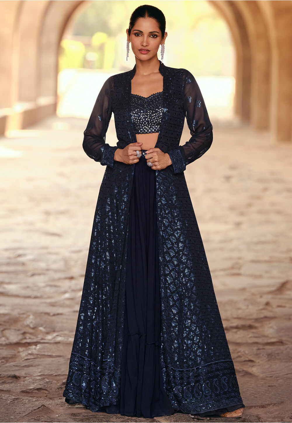 Conjunto Bordado Georgette Azul Marinho