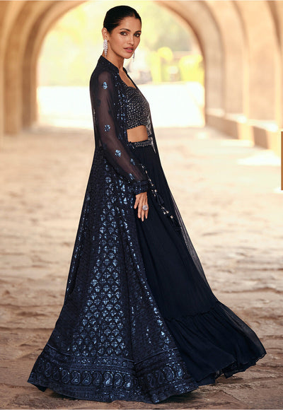 Conjunto Bordado Georgette Azul Marinho
